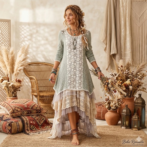 Ryu Sage Green Lace Tulle Hem Tunic Dress Long Sleeve Floral Mixed Media Small - Picture 3 of 12